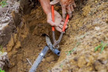 Man Working With Pipes In Ground While Installing A New Underground Sprinkler System