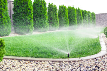 Sprinklers Watering Grass, Green Lawn In Garden